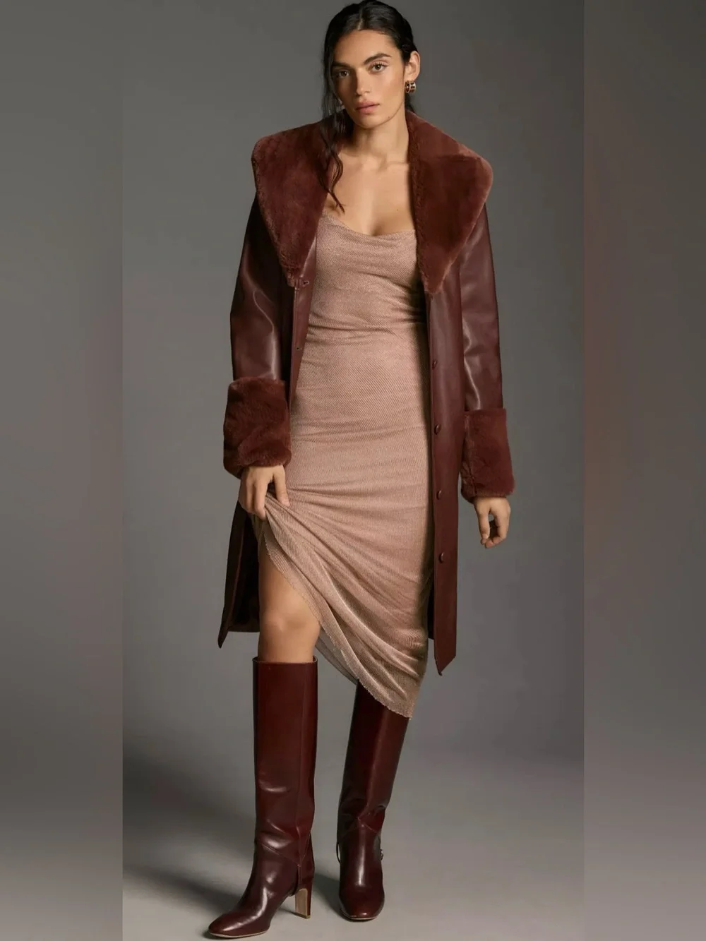 Avec Les Filles Rich Chestnut Faux Leather Jacket with Faux Fur Trim Medium - Picture 9 of 12